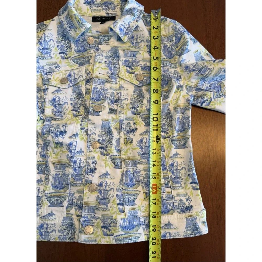 Talbots Printed Jean Jacket XS Blue Green Watercolor Vases Button Front Parisian